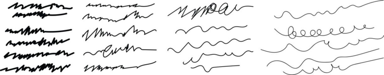 Hand drawn collection of underline strokes in brush doodle style. Vector scrawls elements, swashes, dots and curved lines. Abstract black vector lines and shapes. Chaotic black scribbles