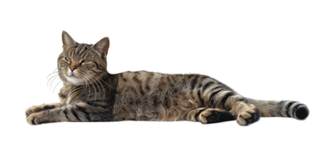 Relaxed tabby cat laying down, isolated on white background, showcases calm and content feline behavior.