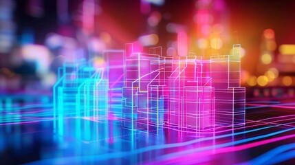 Fototapeta premium Abstract digital representation of a cityscape with neon lights and wireframe buildings, capturing the essence of modern urban life. Concept of technology, innovation, and future. 