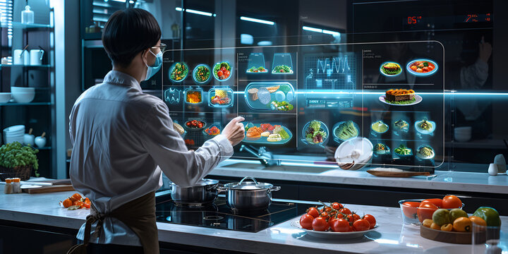 High-Tech Kitchen with Virtual Cooking Interface | Chef Using Augmented Reality for Meal Preparation | Innovative Kitchen Technology | Augmented Reality Interface for Modern Cooking