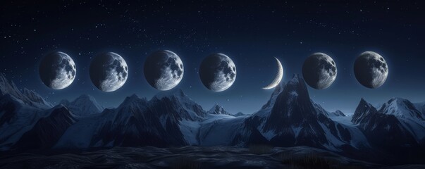 phases of the moon over mountain range at night