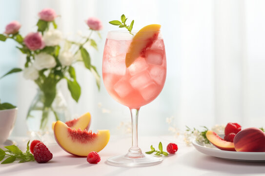 A chilled peach and raspberry cocktail garnished with fresh fruits, sitting on a table with a flower arrangement background.