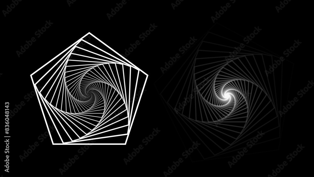 Poster Abstract Circular Geometric Pentagon Shape. Lines Spiral Design. Round Dynamic Shape. Vortex Lines Vector Illustration. Black and White Minimal Style Geometric Design.