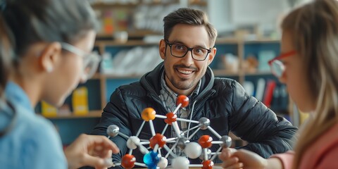 A smiling teacher guides attentive students in understanding complex molecular models, fostering curiosity and excitement in a dynamic and colorful science classroom.
