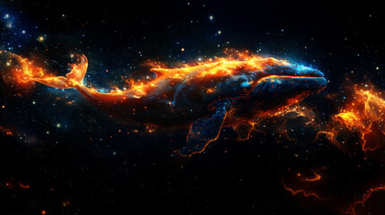 Magic golden whale in deep ocean