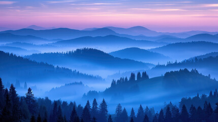 Obraz premium Blue sunset over hilly forest. Fog, overcast, gloomy weather