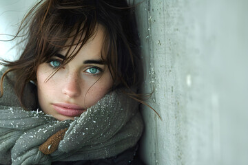 A woman with striking blue eyes and freckles, wrapped in a gray scarf with snowflakes, leans against a frosty wall
