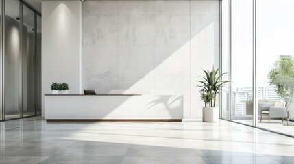 A clean, modern office lobby with a reception desk, ideal for adding text about business services or announcements