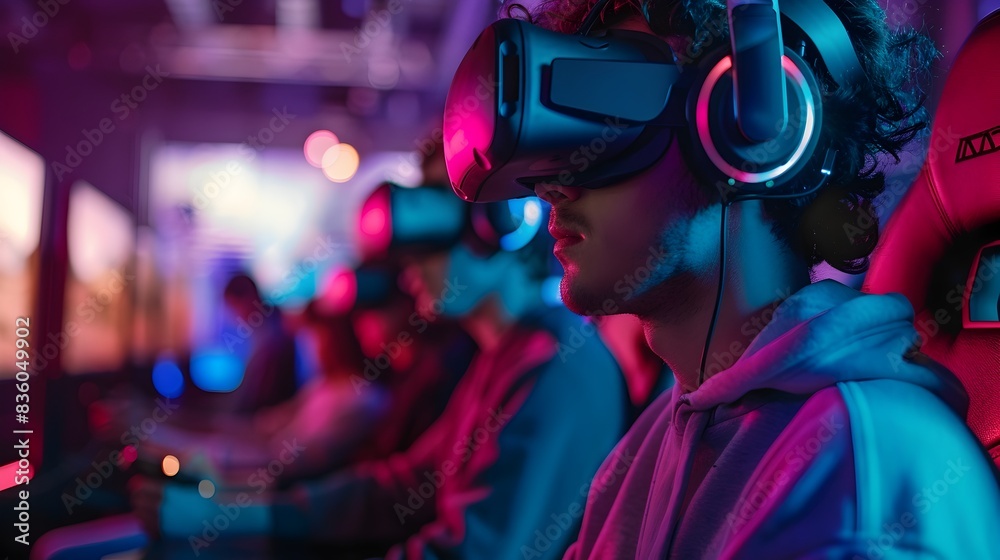 Poster video game developers testing new immersive virtual reality experience in cyberpunk inspired design 