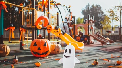 Halloween-themed playground decorated with pumpkins and ghost figure. Concept of festive decorations, childrens play area, spooky season, autumn celebration