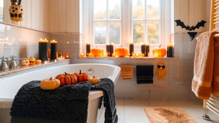 Cozy bathroom decorated for Halloween with candles and pumpkins. Concept of autumn decoration, indoor celebration, Halloween ambience, seasonal interior design