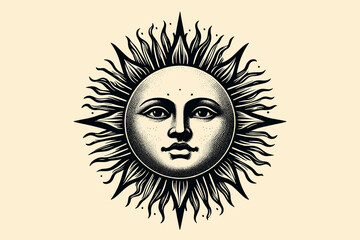 Sun with face. Isoteric vector illustration. vintage black engraving, emblem, logo