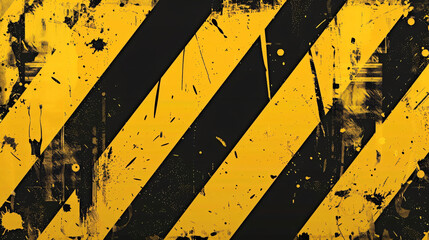 Abstract weathered yellow and black diagonal caution stripes with grunge texture