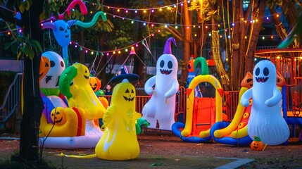 Childrens playground with a playful Halloween setup. Inflatable ghosts and pumpkins with colorful lights. Halloween decorations, playground fun, holiday celebration, spooky theme concept