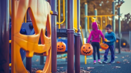Children playing in playground in a park decorated with Halloween-themed decorations. Concept of childhood, Halloween, outdoor fun, autumn activities