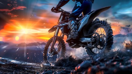 Dirt bike rider performing a stunt at sunset, illustrating the thrill and excitement of extreme sports. Concept of adventure, adrenaline, and motorcycling.
