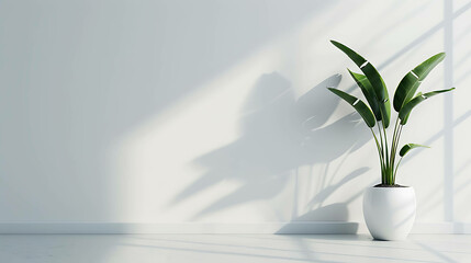 A beautiful banana plant sits in a white pot in front of a white wall.