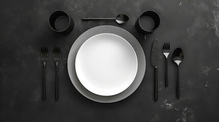 Elegant table setting with black cutlery and empty white plates on a dark background. Concept of modern dining, culinary design, minimalist aesthetics, sophisticated tableware. Mockup