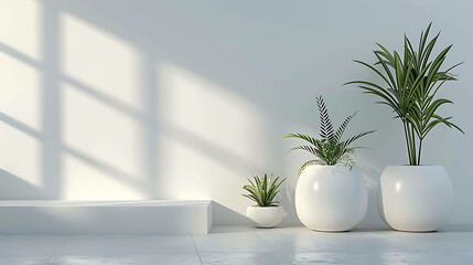 White room with large windows and potted plants. The room is bright and airy, with a minimalist aesthetic.