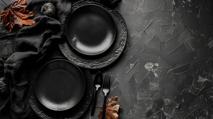 Elegant black dinnerware set on a textured dark background with autumn leaves. Creative concept of stylish dining, dark table setting, chic dinner, seasonal decor