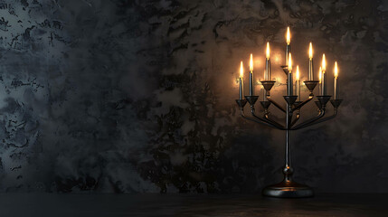 A beautiful lit menorah on a dark textured background. Perfect for a Hanukkah celebration or any other special occasion.