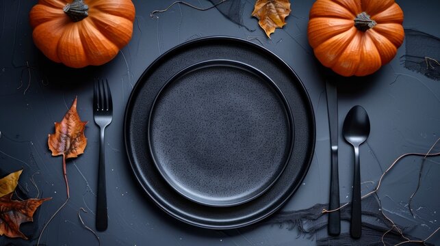 Black table setting with pumpkins and autumn leaves. Elegant Halloween-themed dinner arrangement with dark plates and cutlery. Concept of Halloween, fall decor, festive table setting, seasonal dining