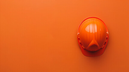 Bright orange construction helmet isolated on a matching orange background with copyspace