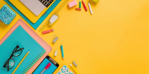 A neatly arranged collection of school supplies, including notebooks, pens, pencils, erasers, and other items on a bright yellow background, representing preparation and organization for students.