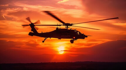 Obraz premium A helicopter is flying in the sky with the sun setting in the background