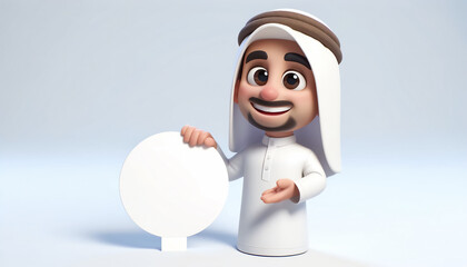 3D Cartoon Caricature: Friendly Face with a Message! Playful Caricature Arabic Man (White Clothing, Headscarf) Smiles and Holds a Blank Sign