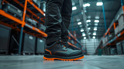 Close-up of worker's safety boots in an industrial warehouse setting