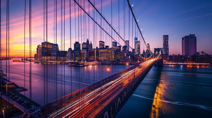 Fototapeta premium the dynamic view of a busy bridge, The photo is taken during dusk, with the city lights just beginning to illuminate the scene. The bridge's steel cables and structure are prominently visible, framing