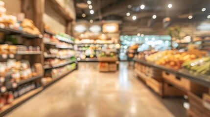 Fototapeta premium Blurred image of a grocery store interior with shelves filled with various products under bright lighting. Concept of shopping, retail, and consumerism. 