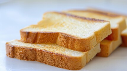 A close-up of toasted sliced bread on a white background, each piece showing a golden-brown crust and ready to enjoy