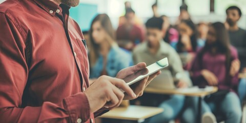 An instructor is engaging with students using a tablet during a class in a modern classroom, emphasizing interactive and tech-driven methods of teaching and learning.