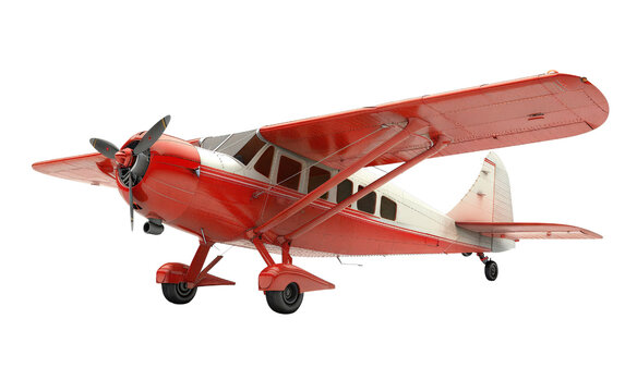 Naklejki Vintage red and cream propeller airplane isolated on a white background, showcasing classic aviation design and nostalgia of early flight.