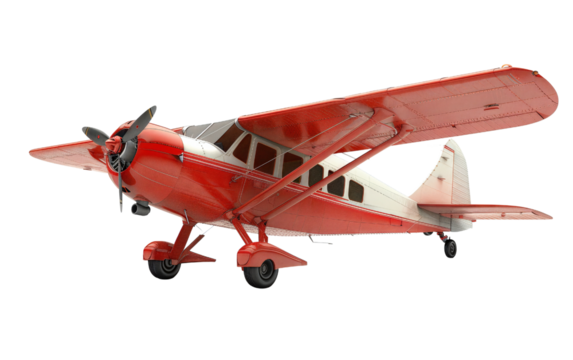 Vintage red and cream propeller airplane isolated on a white background, showcasing classic aviation design and nostalgia of early flight.
