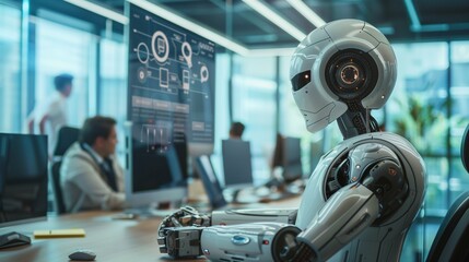 Human Workers and AI Robots Collaborating in Modern Office, Sharing Tasks and Brainstorming Together, Showcasing Futuristic Workplace Synergy and Innovation
