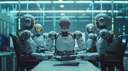 Fototapeta premium Human Workers and AI Robots Collaborating in Modern Office, Sharing Tasks and Brainstorming Together, Showcasing Futuristic Workplace Synergy and Innovation