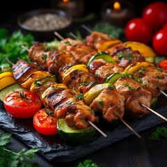 Grilled chicken shish kebab on skewers with vegetables