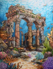 Obraz premium Colorful Underwater Ruins Coloring Page with Colored Pencils