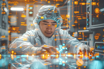 Asian doctor working with holographic images. Multimodal AI model analyzing medical images and textual data in modern hospital