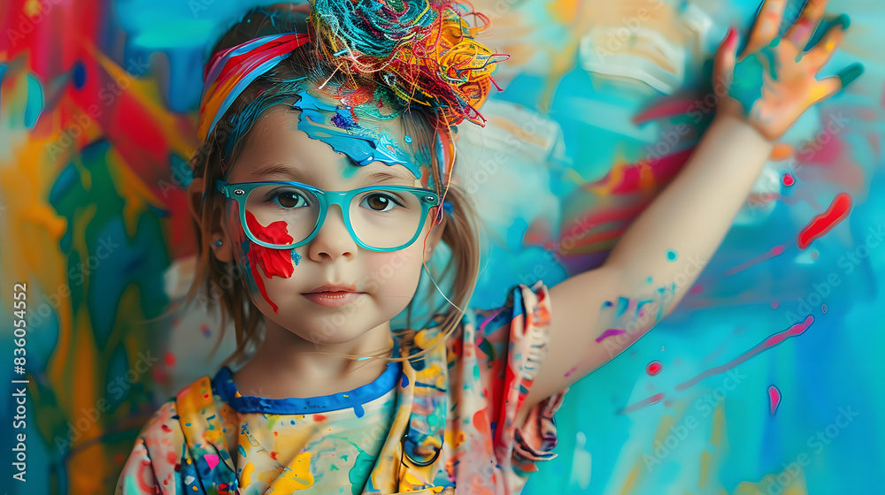 Canvas Prints Child dressed as an artist on a bright background.