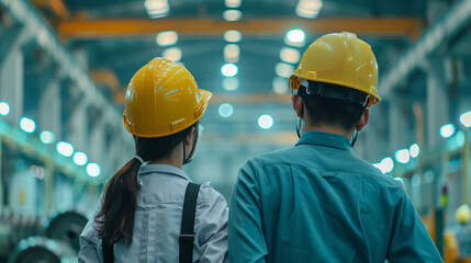 Two engineers in hard hats observe the workflow in a modern manufacturing facility