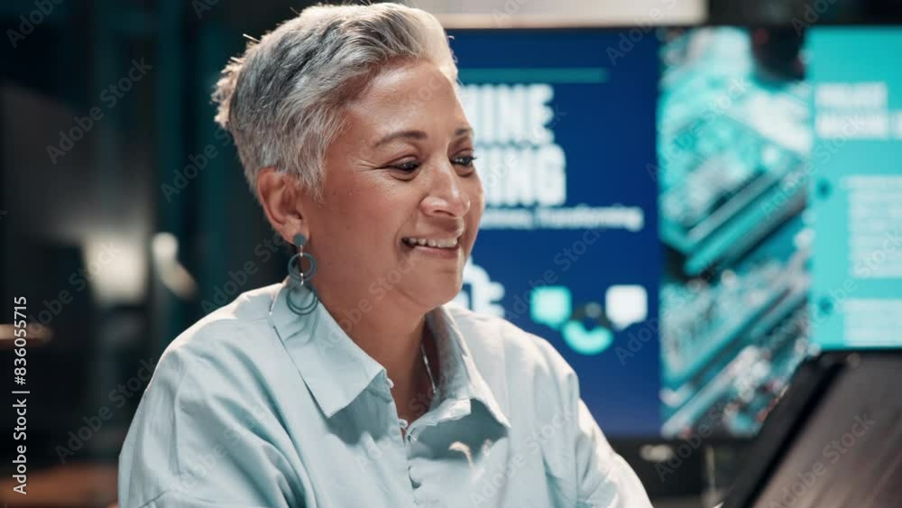 Poster research, smile or mature businesswoman with tablet for futuristic career, machine learning or engin
