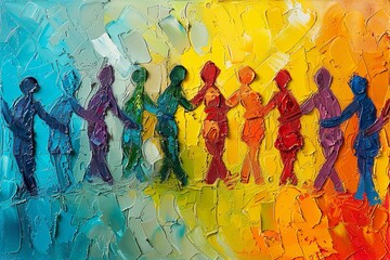 Abstract depiction of a diverse group of people holding hands, forming a colorful rainbow circle, with detailed palette knife textures and a bright background, Abstract, Unity, Vibrant