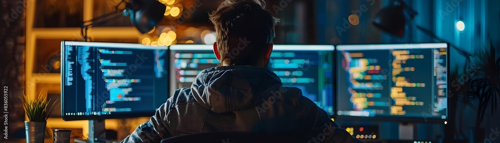 Poster software developer coding late at night surrounded by screens of code