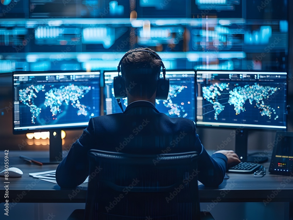 Poster cybersecurity experts monitoring network vulnerabilities on multiple screens in a control room