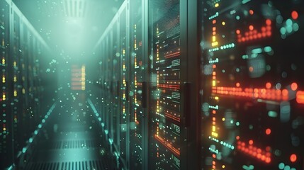 Vibrant Lights Blinking on Massive Cloud Computing Data Center Servers