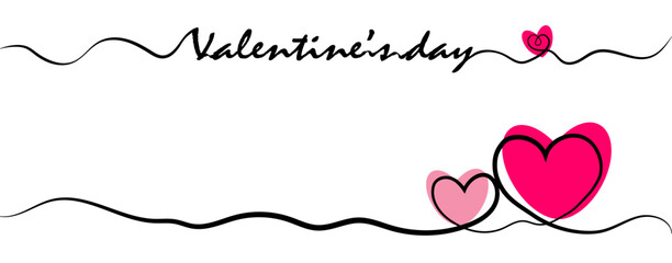 A minimalist Valentines Day vector featuring black wavy lines and pink hearts. cursive word Valentines day is displayed at the top. There is ample white space, perfect for adding personalized text